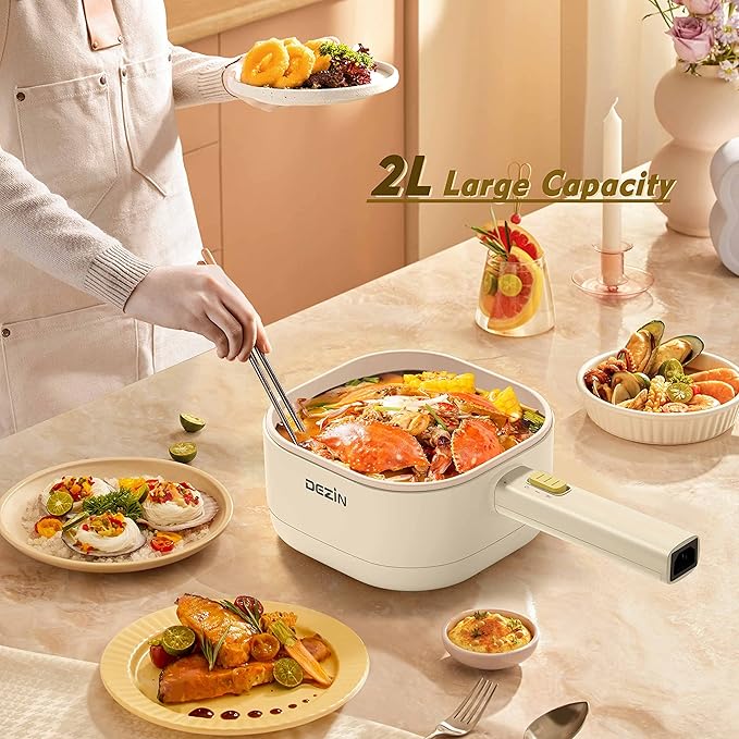 Dezin Hot Pot Electric, 2L Non-Stick Ceramic Coating Multifunction Cooker for Ramen & Oatmeal, Portable Hot Pot with Power Control for Dorm, Office, Travel (Silicone Spatula Included)