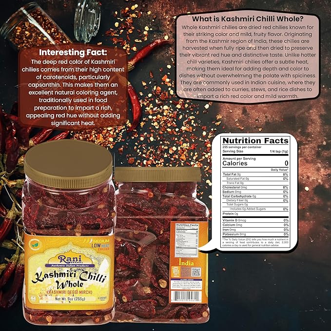 Rani Kashmiri Chilli Whole (Deggi Mirch, Low Heat) 9oz (255g) PET Jar ~ Natural | Salt-Free | Vegan | No Colors | Gluten Friendly | NON-GMO | Kosher | Indian Origin