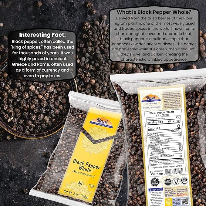 Rani Black Pepper Whole (Peppercorns), Premium MG-1 Grade 3.5oz (100g) ~ All Natural | Gluten Friendly | Non-GMO | Kosher | Product of Vietnam | Perfect size for Grinders!