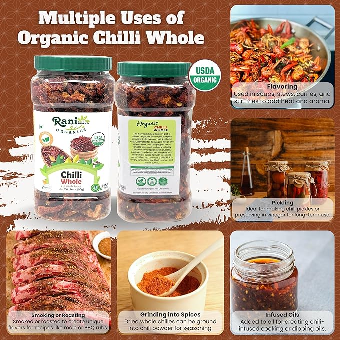 Rani Organic Chilli Whole (Lal Mirch Sabut) 7oz (200g) Bulk PET Jar ~ All Natural | Vegan | No Colors | Gluten Friendly | NON-GMO | Kosher | USDA Organic Certified