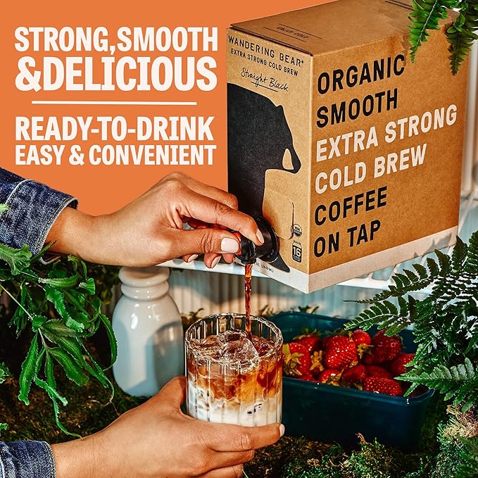 Wandering Bear Organic Hazelnut Cold Brew Coffee On Tap, 96 fl oz - Extra Strong, Bold, Smooth, Unsweetened, Shelf-Stable, Ready to Drink, Gluten Free, & Vegan, Iced Cold Brewed Coffee Drinks