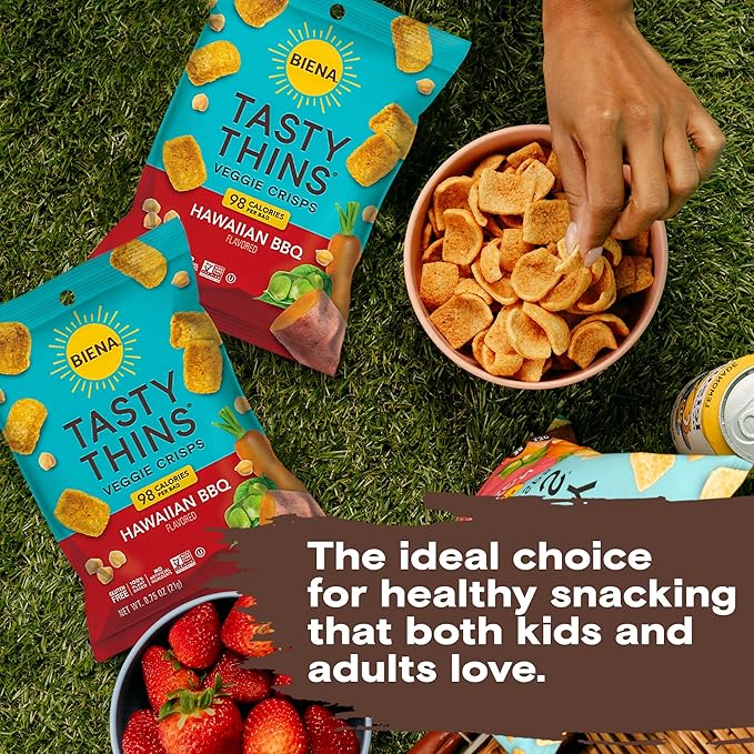 BIENA Tasty Thins Veggie Crisps ??Hawaiian BBQ, 0.75 Ounce (Pack of 12) ??Chickpeas & Veggies, Vegan, Gluten Free, Dairy-Free, Non-GMO, Allergy-Friendly, Healthy On-The-Go Snack for Kids & Adults