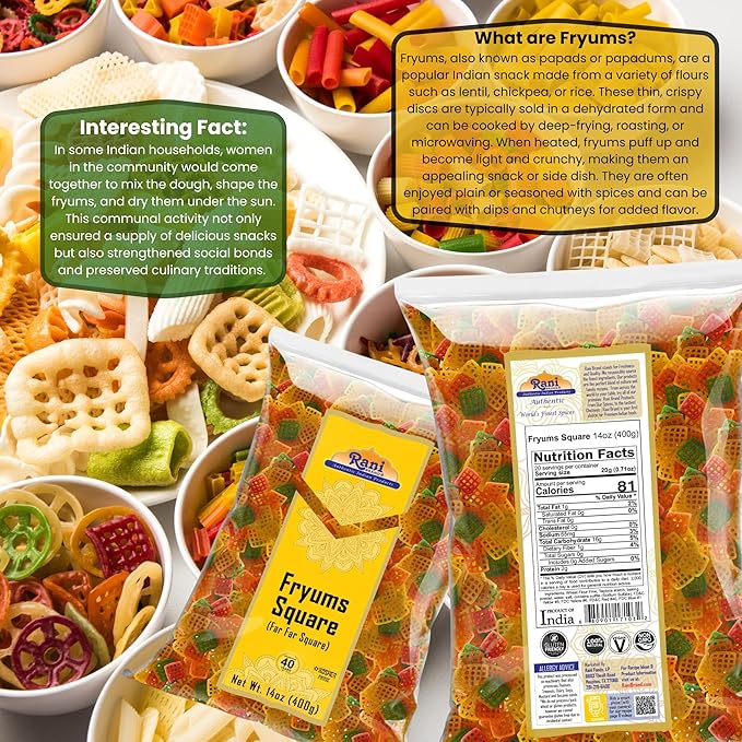 Rani Far Far / Fryums (Wheat & Tapioca Pellet) Square Shape 14oz (400g) ~ Vegan, Kosher, Uncooked, Used to Make Papad, Bhungra / Chip Snack