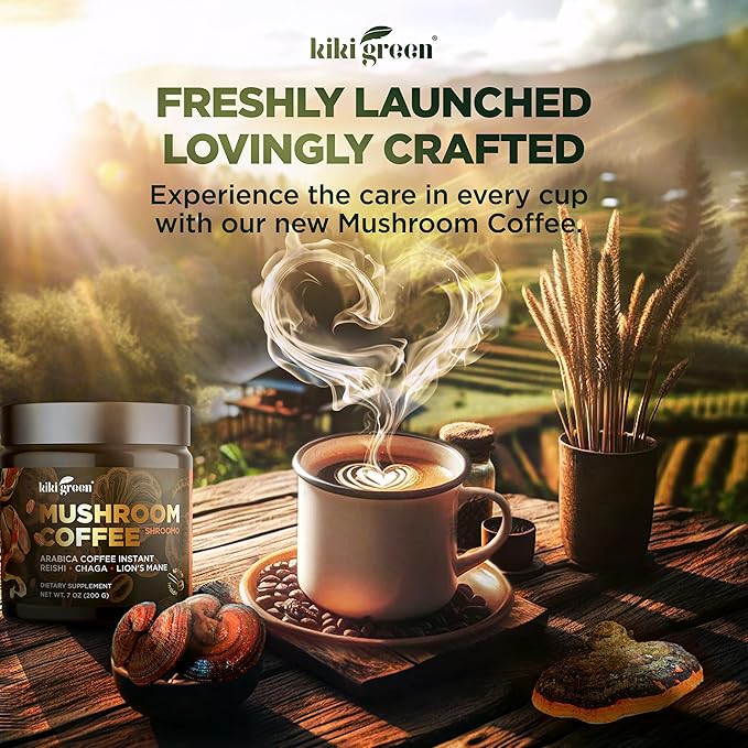 KIKI Green Mushroom Coffee - Instant Arabica Brew with Reishi, Chaga, Lion's Mane - Everyday Alternative for Focus, Energy, Immunity - 7 oz, 40 Servings