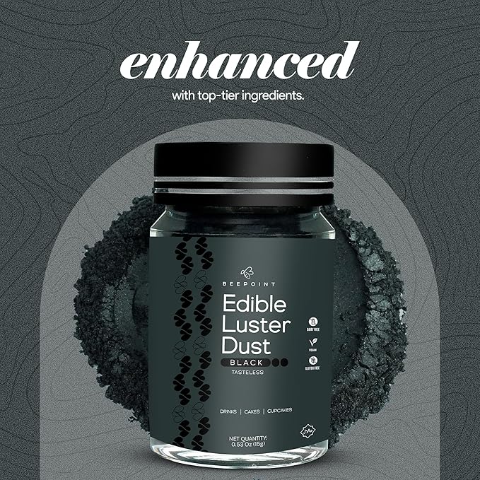 BeePoint Black Edible Luster Dust 15g - Food Grade, Vibrant Color Shimmer Powdered Dust for Drinks, Cocktails, Cake Decorating, Baking, Chocolates, Candy, Sweets, & Cookies - Vegan & Gluten Free