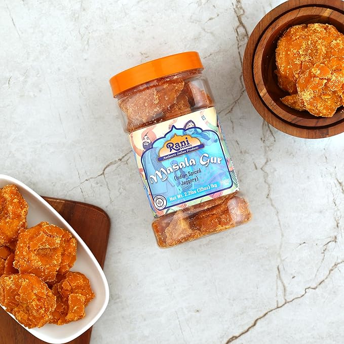 Rani Masala Gur (Jaggery) Indian Unrefined Raw Cane Sugar 35oz (2.2lbs) 1kg PET Jar ~ Gluten Friendly | Vegan | NON-GMO | Kosher | No Salt or fillers | Indian Product