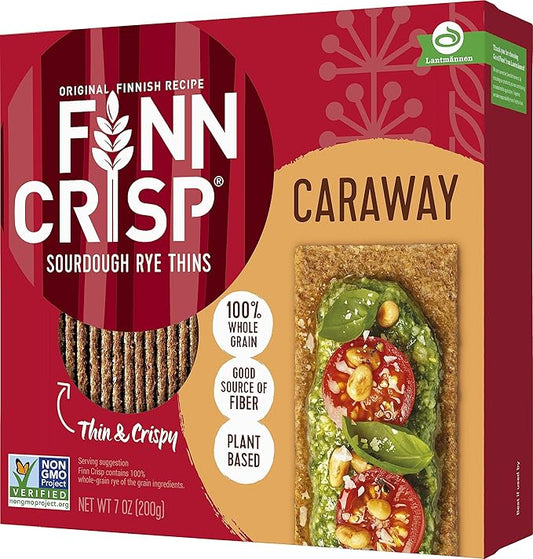 Finn Crisps Rye Crispbread with Caraway 7oz | Thin, Crispy Rye Flatbreads with Caraway | Authentic Finnish Sourdough Crispbread | Caraway Rye Crackers by Finn Crisp [7oz Box]