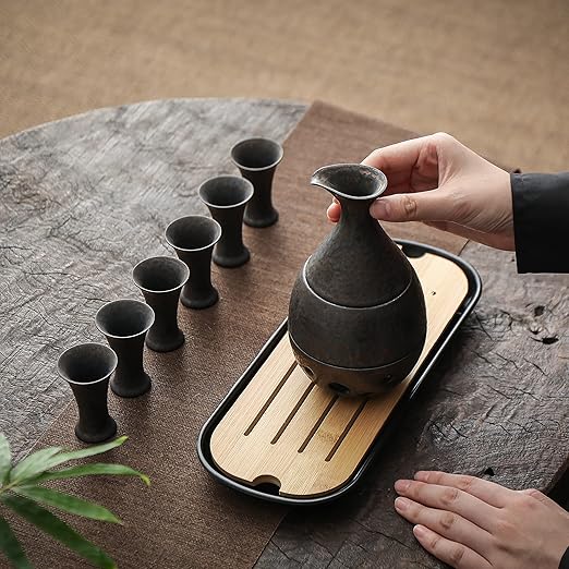 TEANAGOO Traditional Japanese Sake Set, Sake Carafe(6 Oz) with 6 Sake Cups (0.9 Oz) for Hot or Cold Japanese Soju Liquor with Serving Bambo Tray Gift Sets 10pcs/set,Saki Sets Traditional Carafe Set