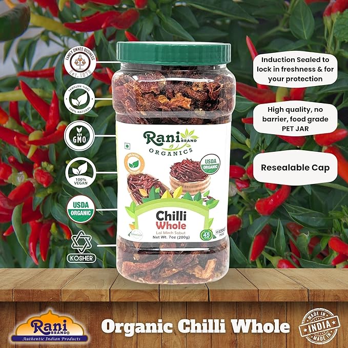 Rani Organic Chilli Whole (Lal Mirch Sabut) 7oz (200g) Bulk PET Jar ~ All Natural | Vegan | No Colors | Gluten Friendly | NON-GMO | Kosher | USDA Organic Certified