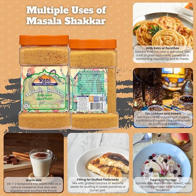 Rani Masala Shakkar (Indian Spiced Jaggery Powder) Unrefined Raw Cane Sugar 35oz (2.2lbs) 1kg PET Jar ~ Gluten Friendly | Vegan | NON-GMO | Kosher | No Salt or fillers | Indian Product