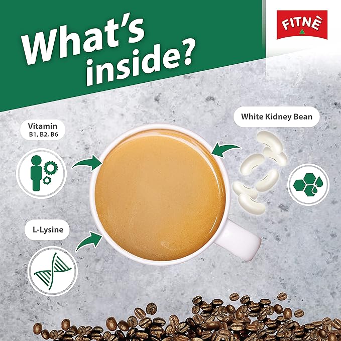 FITNE Instant 3 In 1 Coffee Packets Mix With White Kidney Bean Extract L-Lysine Vitamin B1 B2 B6 Smooth Blend No Sugar Sucralose Sweetener, 10 Sticks