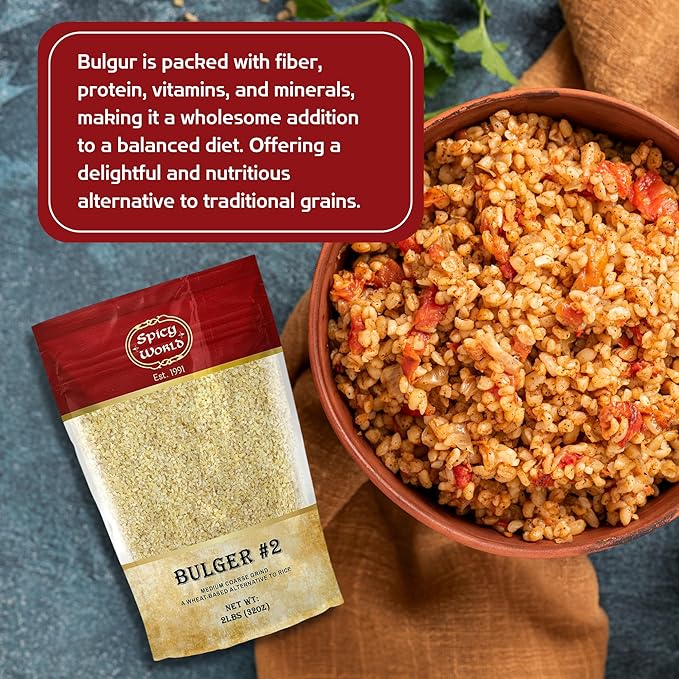 Bulgur Cracked Wheat Medium Coarse #2, 2 LB Bag (32oz) | USA Grown Bulgar Wheat for Tabouleh | 100% Natural & Pure | Great for Vegan Recipes by Spicy World