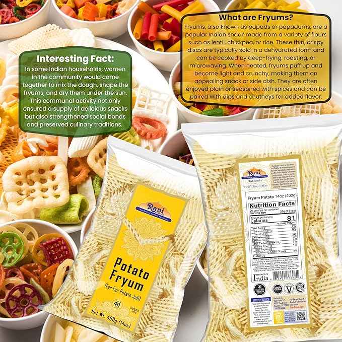 Rani Far Far/Fryums (Wheat & Tapioca Pellet) Potato Jhali 14oz (400g) ~ Vegan, Kosher, Uncooked, Used to Make Papad, Bhungra/Chip Snack