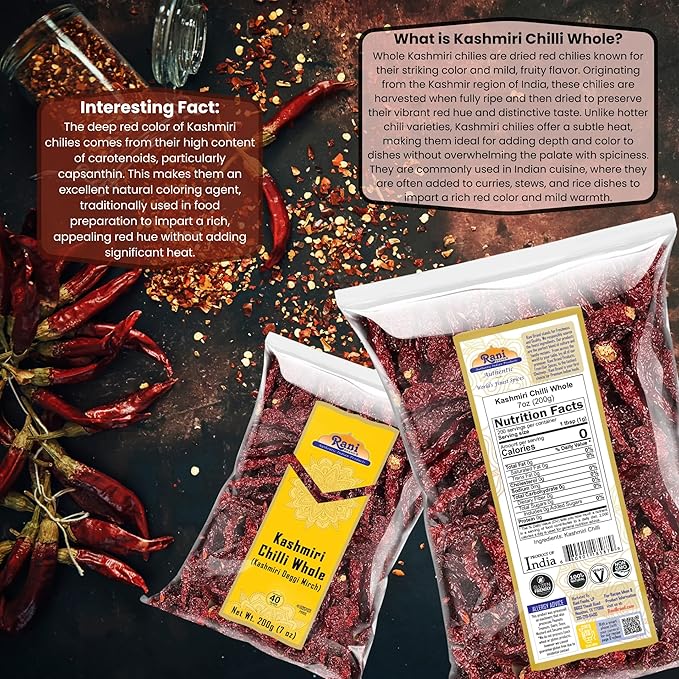Rani Kashmiri Chilli Whole (Deggi Mirch, Low Heat) 7oz (200g) ~ Natural | Salt-Free | Vegan | No Colors | Gluten Friendly | NON-GMO | Kosher | Indian Origin