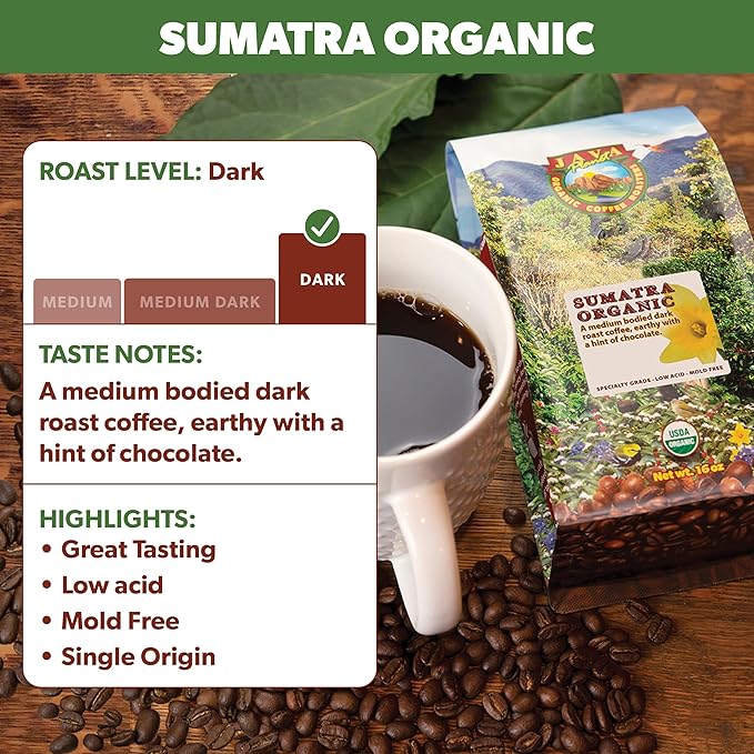 Low Acid Organic Coffee ??Whole Bean, Mold-Free & Stomach Friendly by Java Planet, Sumatran Single Origin Coffee, Dark Roast, Smooth Full Flavored, 5LB Bag