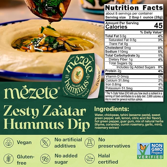 Mezete Authentic Middle Eastern Hummus | Zesty Za'atar(Thyme) | All-Natural | On the Go Spread & Dip | No Preservatives | Gluten-Free | Shelf-Stable | 180g (Pack of 6)