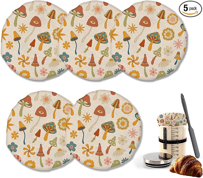 Vintage Mushrooms Sourdough Starter Jar Cloth Covers, Gifts for Women Baker 5 Pack Kit Stretchy Cloth Bowl Lids Fits Jar Mouth Ranging 3"- 4" Inches