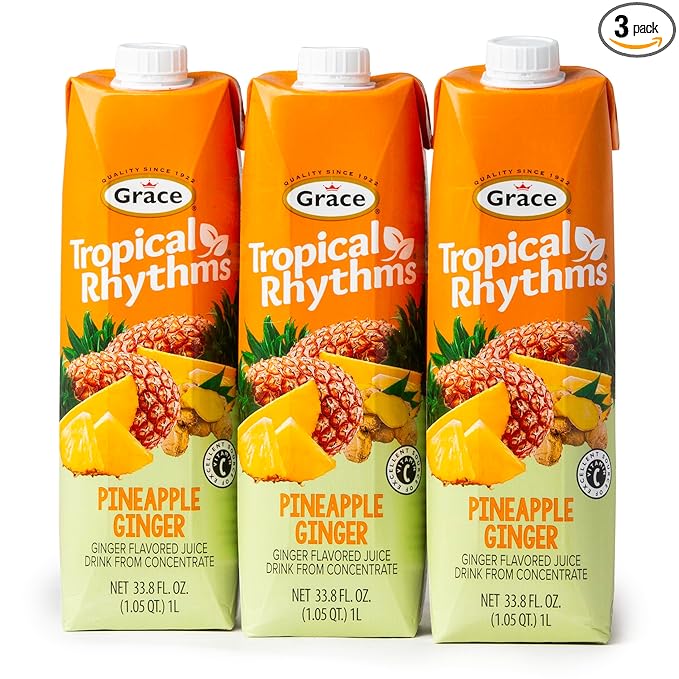 Grace Tropical Rhythms Ginger and Pineapple Juice 1 Liter (33.8oz) - 3 Cartons - Jamaican Fruit Juice
