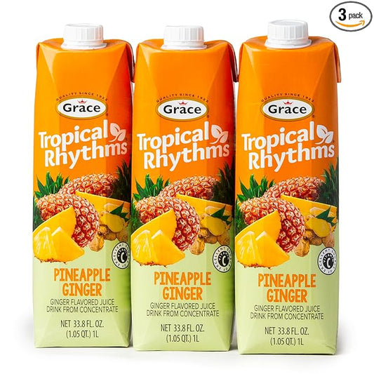 Grace Tropical Rhythms Ginger and Pineapple Juice 1 Liter (33.8oz) - 3 Cartons - Jamaican Fruit Juice