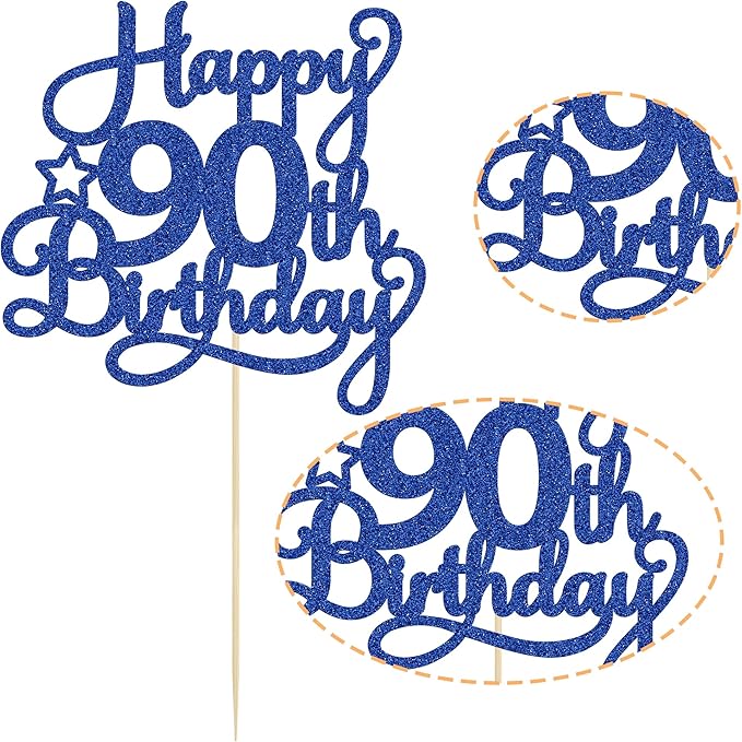 1 Pack Happy 90th Birthday Cake Topper Blue Glitter 90 & Fabulous Cheers to 90 Years Old Birthday Cake Pick for Celebrating 90th Birthday Anniversary Party Cake Decorations Supplies
