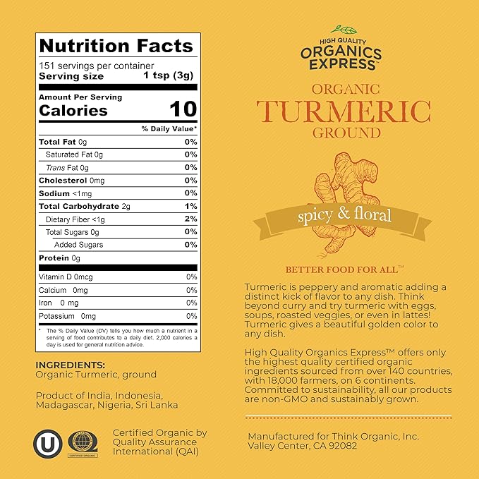 HQOExpress - USDA Certified Organic- Non GMO - Ground Turmeric Spice Powder Seasoning For Cooking- Sustainably Grown - Kosher - 80 oz. Bag