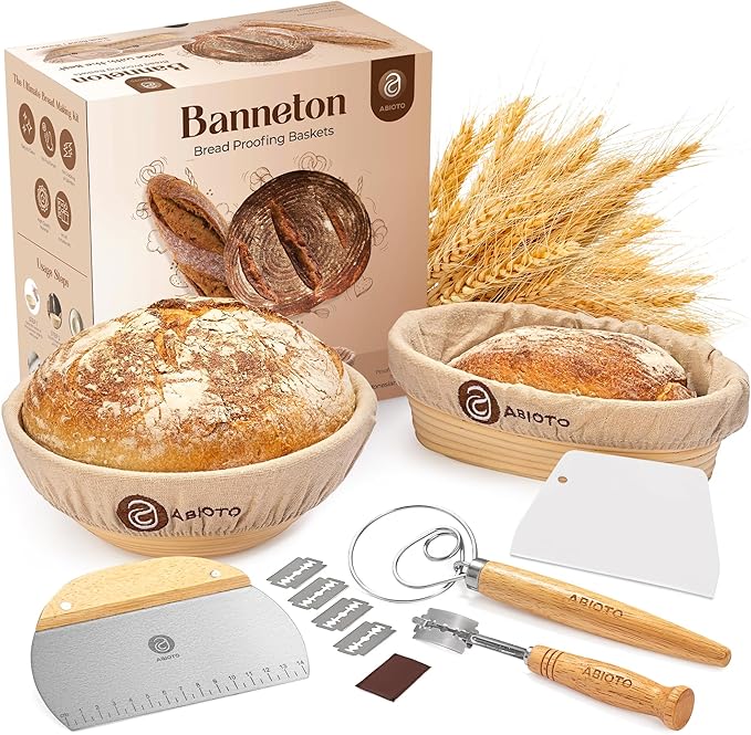 Sourdough Bread Making Kit - 9??Round & 10??Oval Banneton Proofing Baskets, Danish Dough Whisk, Bread Lame (5 Blades), Bench & Bowl Scrapers, Linen Liners - Complete Bread Making Tools