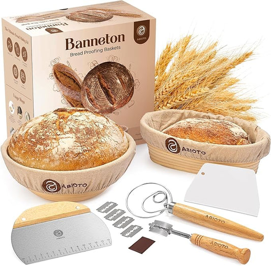 Sourdough Bread Making Kit - 9??Round & 10??Oval Banneton Proofing Baskets, Danish Dough Whisk, Bread Lame (5 Blades), Bench & Bowl Scrapers, Linen Liners - Complete Bread Making Tools