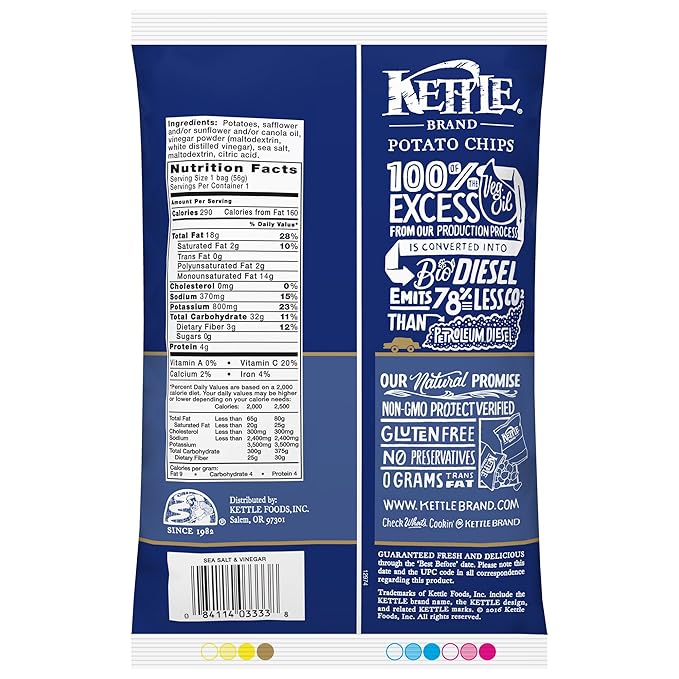 Kettle Brand Potato Chips, Sea Salt & Vinegar Bags, 2 Ounce (Pack of 24)
