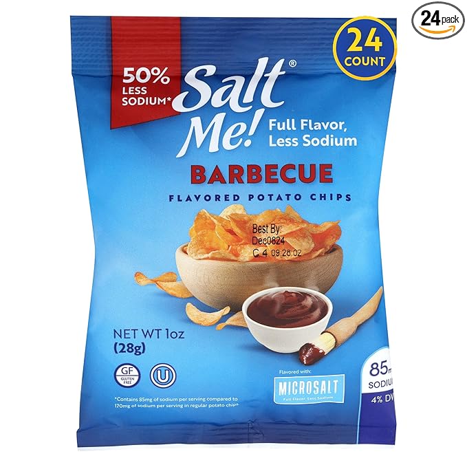 SaltMe! BBQ Potato Chips - 24 count 1oz Bags - 50% Less Sodium, Kosher, Non-GMO, Gluten Free - Less Salt, Great Flavor