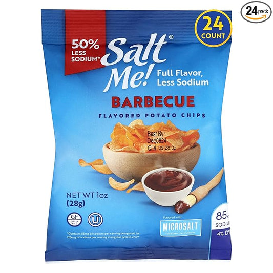 SaltMe! BBQ Potato Chips - 24 count 1oz Bags - 50% Less Sodium, Kosher, Non-GMO, Gluten Free - Less Salt, Great Flavor