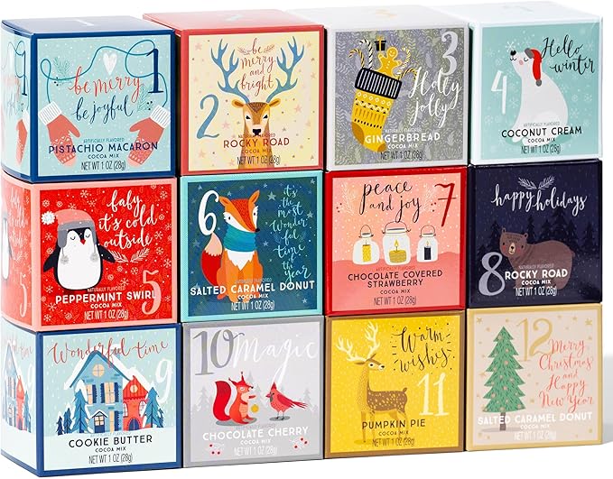 Thoughtfully Gourmet, 12 Days of Christmas Hot Chocolate Gift Set, Flavors Include Rocky Road, Cookies Butter, Pumpkin Pie & More, Set of 12
