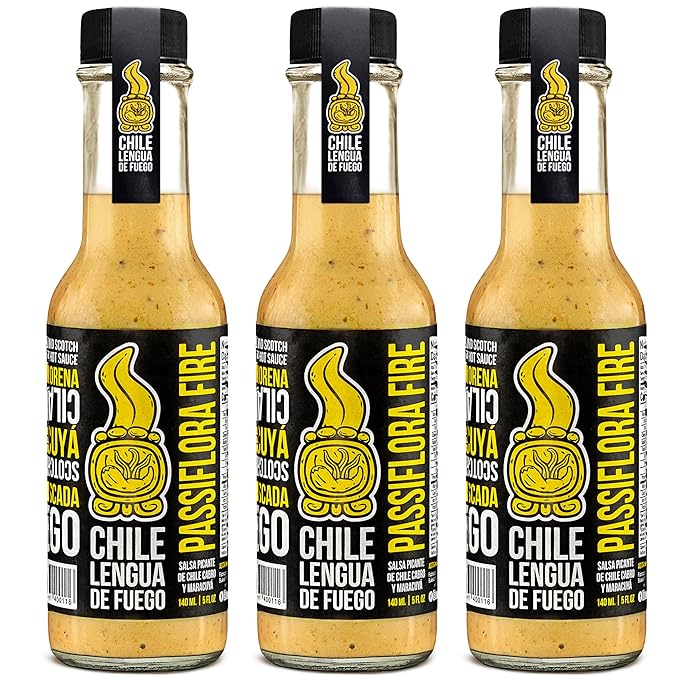 Hot Sauce | Chile Lengua de Fuego (Pack of 3, Passiflora Fire) – Passion Fruit & Scotch Bonnet Sauce with Smoked Garlic, Nutmeg & Clove