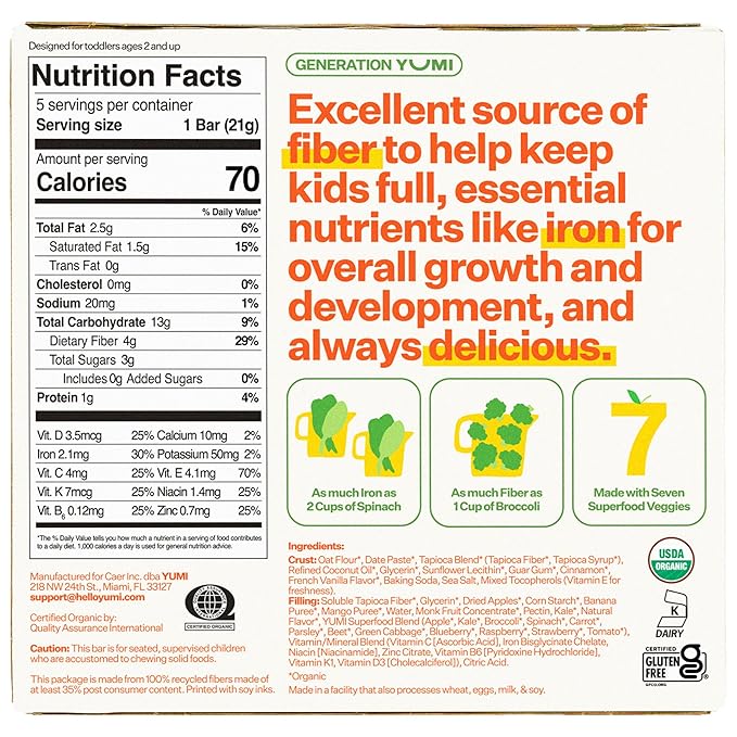 Yumi Organic Toddler Snacks Bars - Gluten-Free, No Added Sugar, 7+ Vegetables, Soft-Baked Crust, Yumi Bars Healthy Toddler Organic Snacks - School Safe and for Lunch Boxes, Mango & Kale (30ct.)
