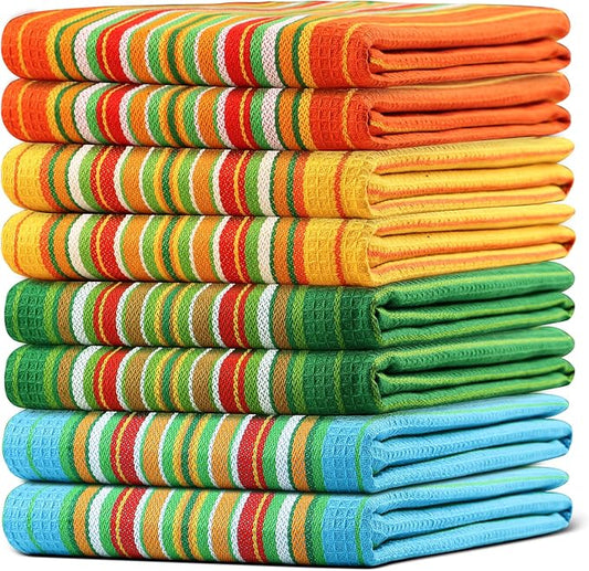 Kitchen Towels Premium Quality Cotton Dish Towels Mitered Corners Ultra Soft (Size: 20X28 in) Multi Color Waffle Stripes Highly Absorbent Bar Towels & Tea Towels - (Set of 8)