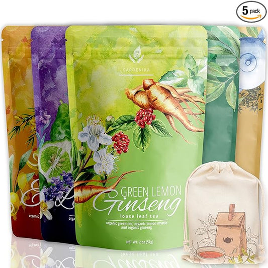 Gardenika Organic Loose Leaf Tea Sampler - Caffeinated - Black and Green Leaves Variety - Kosher, No Natural or Artificial Flavors - 5 Pack
