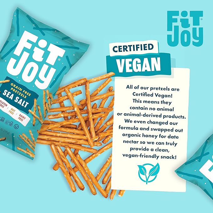 FitJoy Sea Salt Pretzels (Pack of 6, 5 Oz) - Dairy, Nut & Gluten Free Snacks - Grain Free Cassava Root & Chickpea Flour Vegan Pretzel Sticks - Classic Snack Pretzels for Moms, Children and More