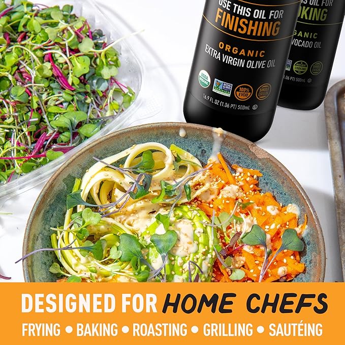 Chefs Life Organic Cooking Oil & Finishing Oil 2 Pack - Extra Virgin Olive and Avocado Oil, EVOO, Gift Set for Dipping, Dressing, Cooking, Single Origin, Non GMO - 16.9 Fl Oz (2 Bottle Gift Set)