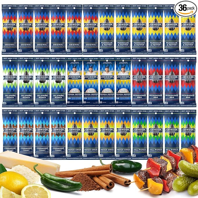 Chinook Seedery Roasted Sunflower Seeds to Eat - 1.5 oz (Pack of 36) Variety Packs - Jumbo Low Sodium Sunflower Seeds Keto Snacks - Adventure, Baseball, School Snacks - Gluten Free, Non GMO Snacks