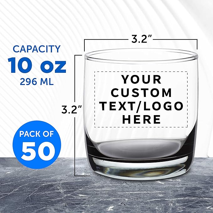 DISCOUNT PROMOS Custom Whiskey Glasses 10 oz Set of 50, Personalized Bulk Pack - Heavy Base Old Fashioned Glass, Perfect for Scotch, Bourbon, Whiskey, Cocktail - Black Bottom Color