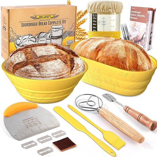 Sourdough Bread Baking Supplies 34 OZ Sourdough starter kit with 2 Bread Proofing Basket - Yellow
