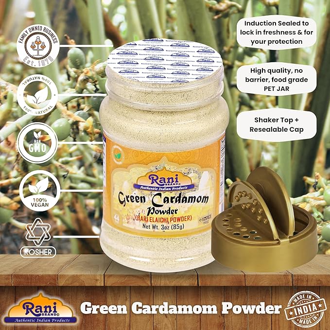 Rani Green Cardamom Pods Powder, Ground with Green Husks (Hari Elachi) 3oz (85g) PET Jar ~ All Natural | Vegan | Gluten Friendly | NON-GMO | Kosher | Product of India