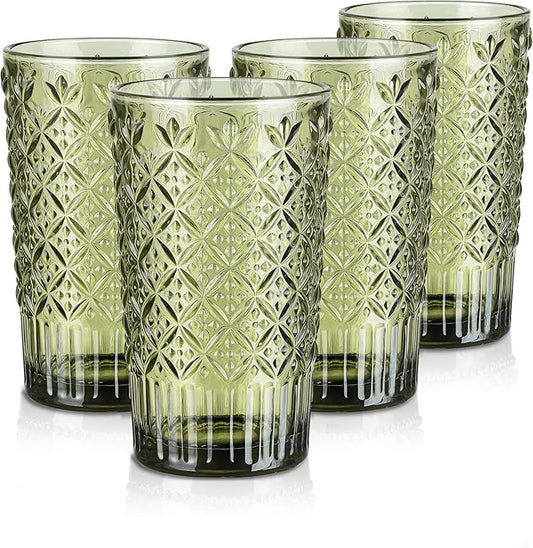 Joeyan Green Vintage Drinking Glasses,Embossed Water Glass Cups,Colored Highball Glass Tumblers,Decorative Elegant Glassware Cups for Beverages Juice Cocktail Beer,14 oz,Set of 4,Dishwasher Safe