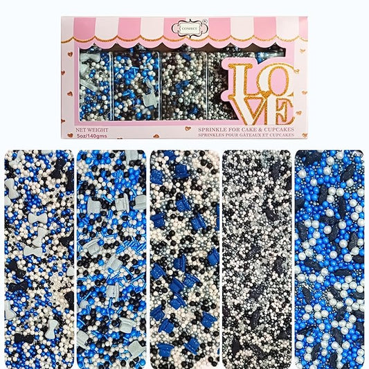Confect Edible Sprinkles ??Assorted Pack of 5 | Black, Blue & White Sprinkles Mix for Cake Decorating, Cupcakes, Cookies, and Party Desserts | Vegan, Gluten-Free, Nut-Free, Soy-Free, Dairy-Free, Palm Oil-Free- 5 Oz