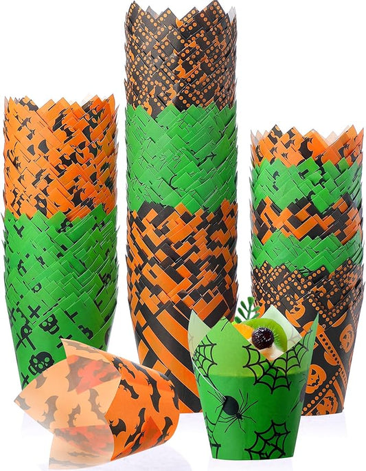 500 Counts Halloween Tulip Cupcake Liners Baking Paper Cups Wrappers Birthday Party Muffin Cupcake Baking Liners Grease Proof Cake Liner Holders for Halloween Party Supplies(Pumpkin)