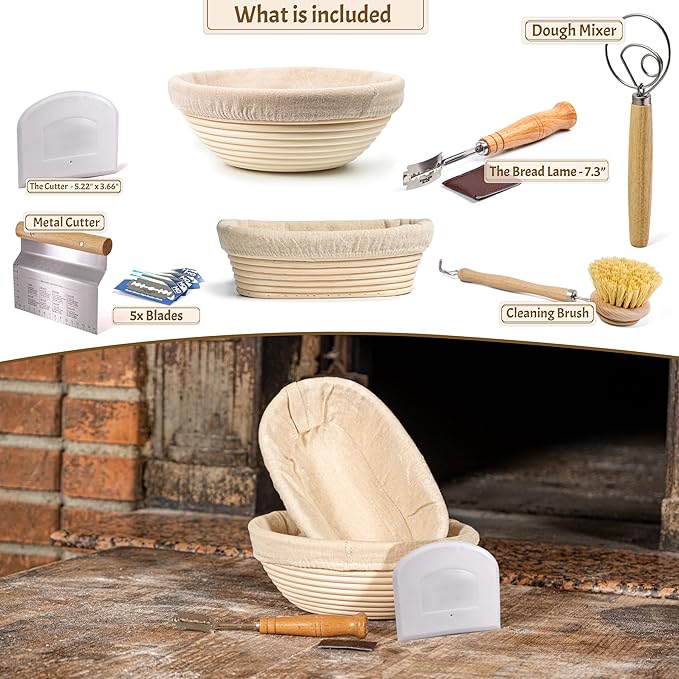 Sourdough Bread Baking Supplies Starter Kit, Banneton Proofing Basket Set: Round 9" & Oval 10", Gift Set