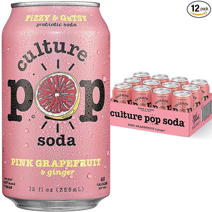 Culture Pop Soda, Pink Grapefruit & Ginger, Probiotic Low Sugar Soda, Sparkling Juice Alternative, Non-GMO, Kosher, Gluten-Free, No Stevia (12pk)