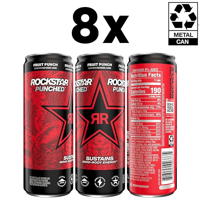 Rockstar Energy Drink, Fruit Punched, 12oz Sleek Cans (8 Pack)