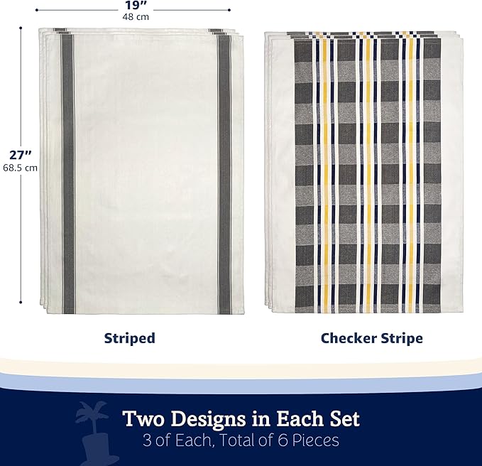 Lincoln & Palm Natural Cotton Tea Towels, 27 x 19, Set of 6 Herringbone Kitchen Dish Towels, Flour Sack Flat Woven for Drying Dishes, Hands, or Bread Proofing, Striped, Patterned Designs (Light Gray)