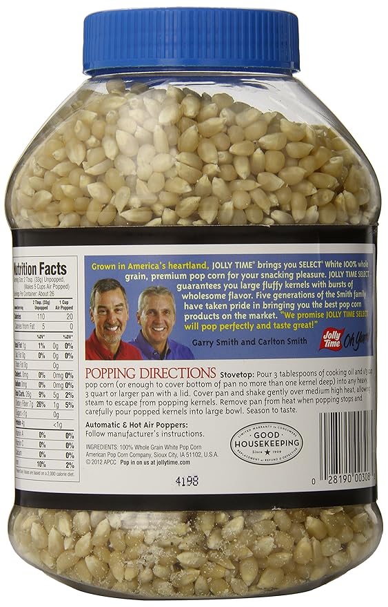 Jolly Time Popcorn Kernels, Gourmet Popping Corn for Air Popper Machine or Stovetop, Select White Pop Corn, 30 Ounce (Pack of 6)