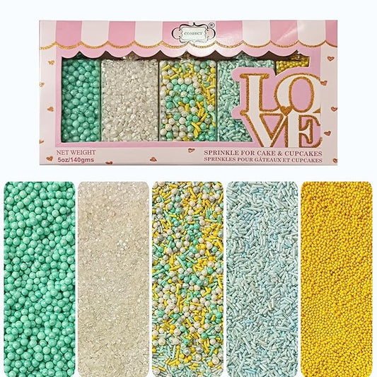 Confect Cake Sprinkles Mix Pack of 5 ??Sky Blue, Yellow & White ??Pearl Dragees, Jimmies, Sparkling Sugar ??Baking Decorations for Cakes, Cupcakes, Cookies & Desserts- Vegan, Gluten-Free, Nut-Free, Soy-Free, Dairy-Free, Palm Oil-Free- 5 Oz